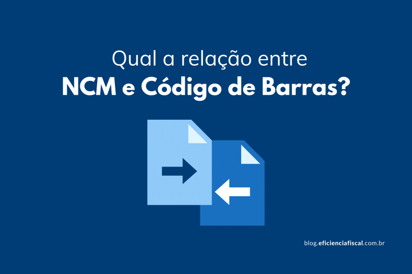 Relação entre NCM e código de barras - Na imagem de fundo azul, temos um ícone de uma mulher com expressão de questionamento e duas caixas de pensamento (uma a esquerda e outra à direita) com o símbolo da NCM e código de barras, respectivamente.